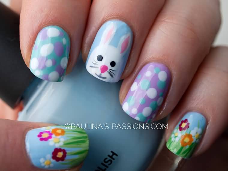 Easter Bunny Face With Polka Dots And Flowers Nail Art