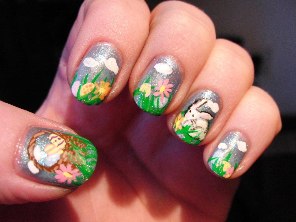 Easter Bunny With Basket Of Eggs Nail Art