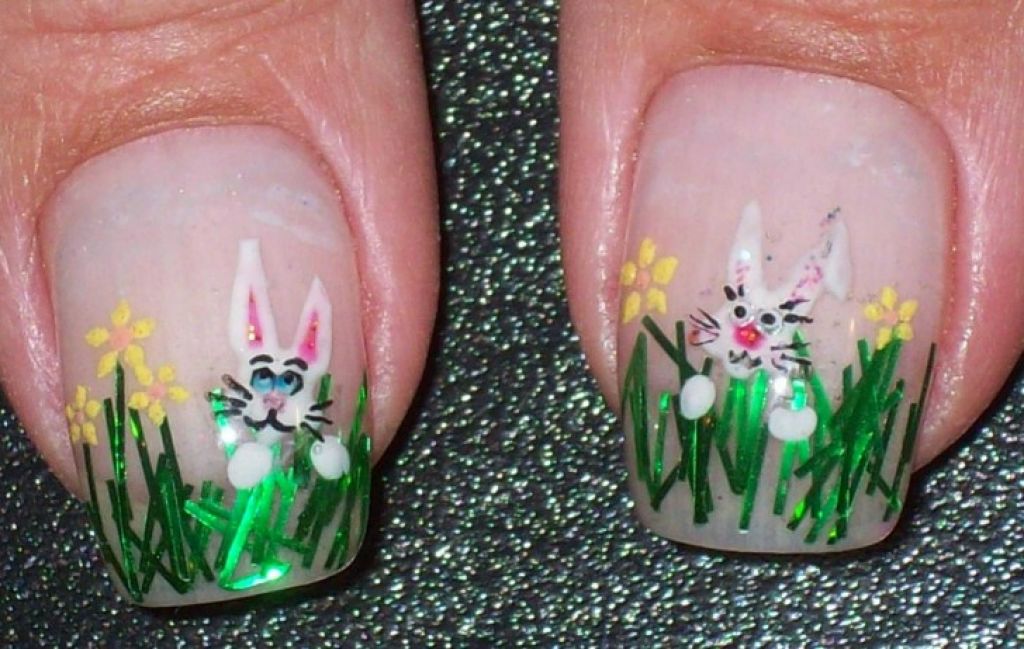 Easter Bunny With Green Grass Nail Art
