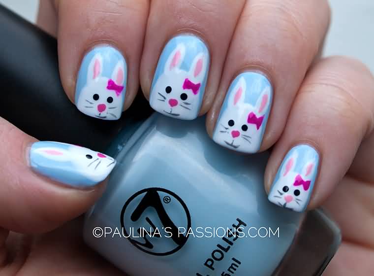 Easter Bunny With Pink Bow Nail Art