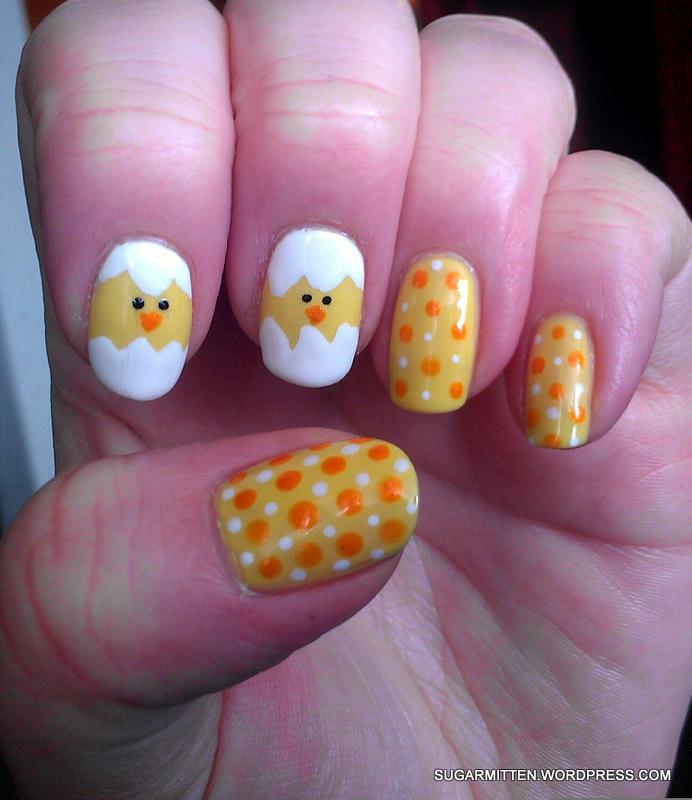 Easter Chick In Egg And Polka Dots Nail Art
