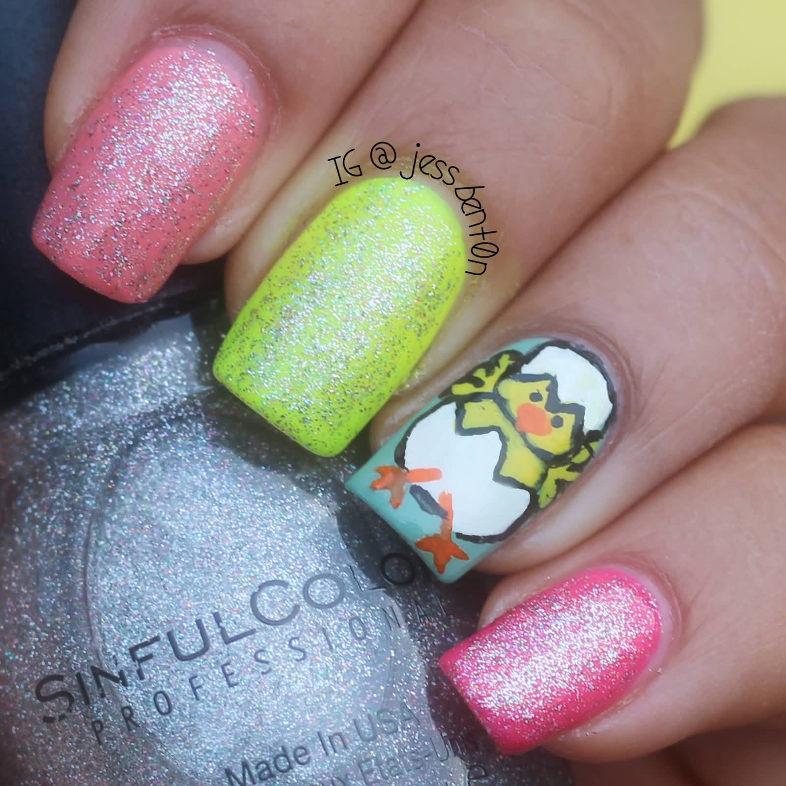 Easter Chick Out Of Egg Nail Art