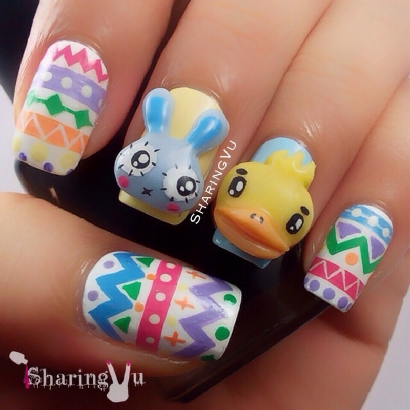 Easter Eggs And 3D Bunny And Chick Nail Art