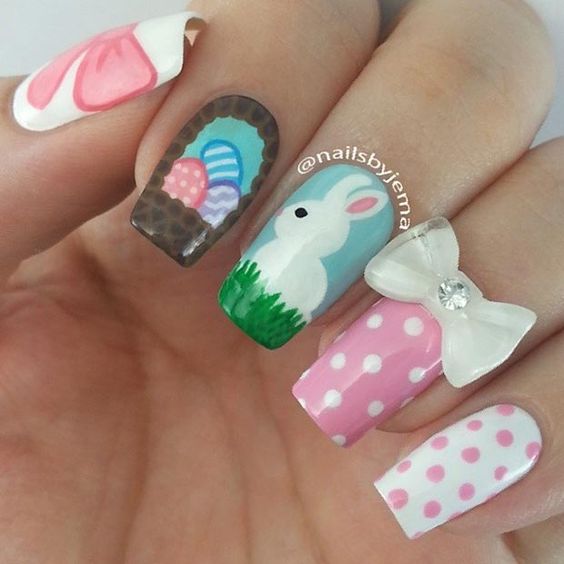 Easter Eggs And Bunny With 3D Bow Nail Art Design