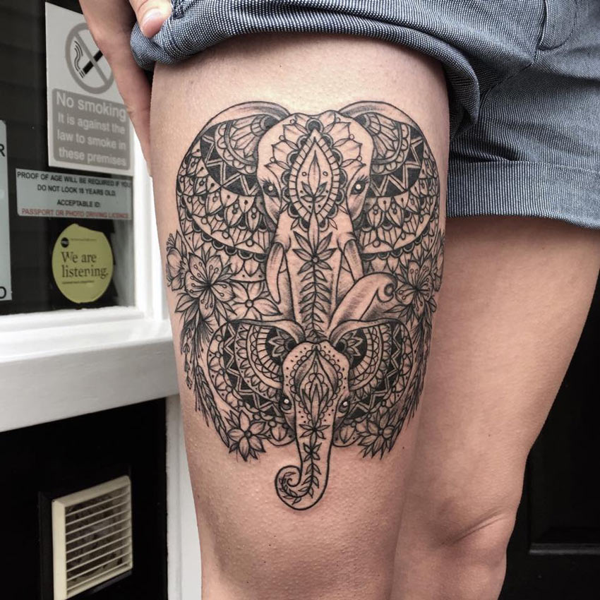 Elephant Mandala Tattoo On Thigh