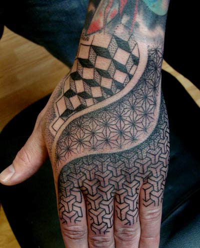 Escher Pattern On Hand Tattoo For Men