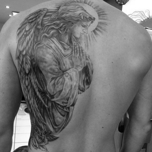 Fabulous Black Ink Praying Angel Tattoo On Man Back Shoulder