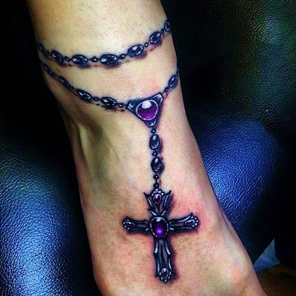 Fabulous Color Rosary Tattoo On Ankle And Foot