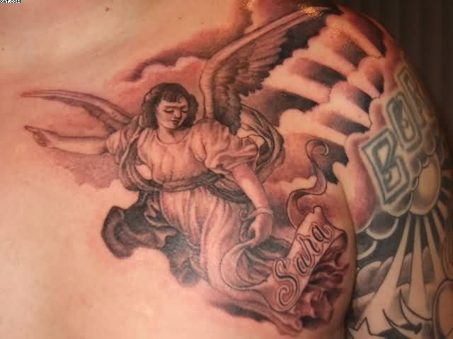 Fabulous Flying Angel Tattoo On Man Shoulder