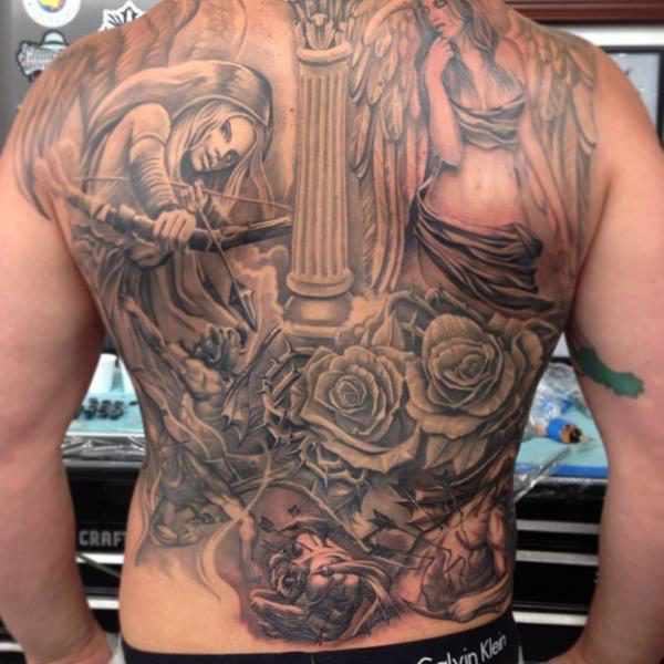 Fabulous Rose And Angels Tattoo On Full Back