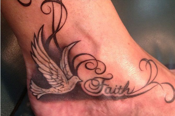 Faith In Dove Tattoo On Foot And Ankle