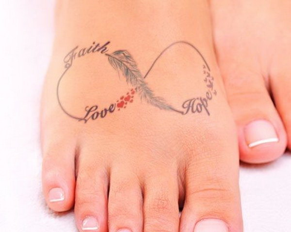 Faith Love Hope Infinity Feather Tattoo On Foot