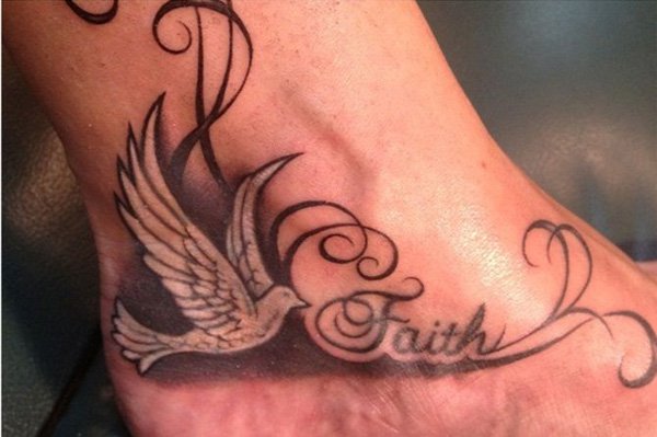 Faith Word and Dove Tattoo On Ankle