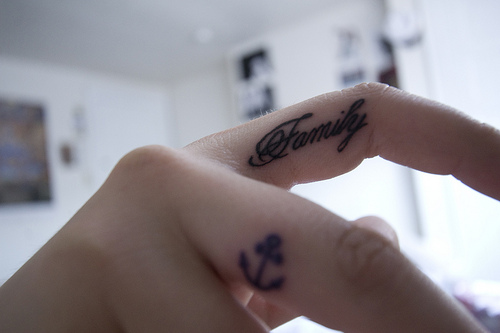 Family And Anchor Tattoos On Side Fingers
