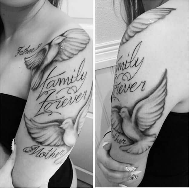 Family Forever Dove Tattoo On Girl Left Half Sleeve