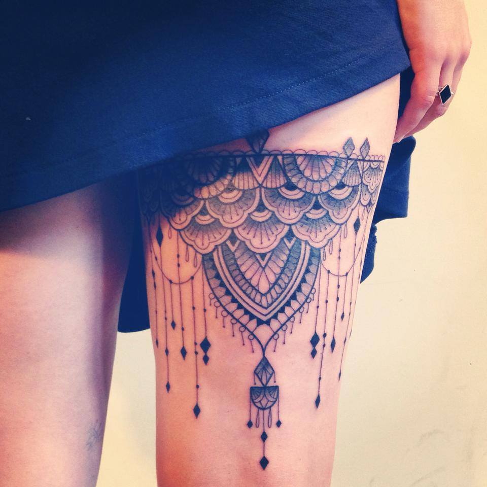 Fancy Mandala Tattoo On Back Thigh For Girls