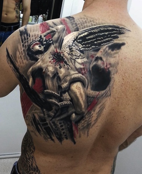 Fantastic 3D Fallen Angel Tattoo On Back For Men