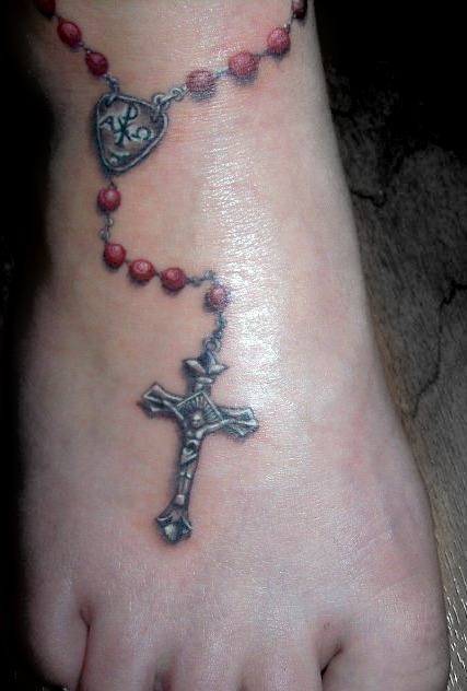 Fantastic Realistic Rosary Tattoo On Foot