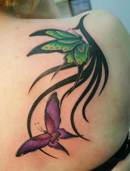 Fantastic Tribal Butterflies Tattoo On Right Back Shoulder For Girls