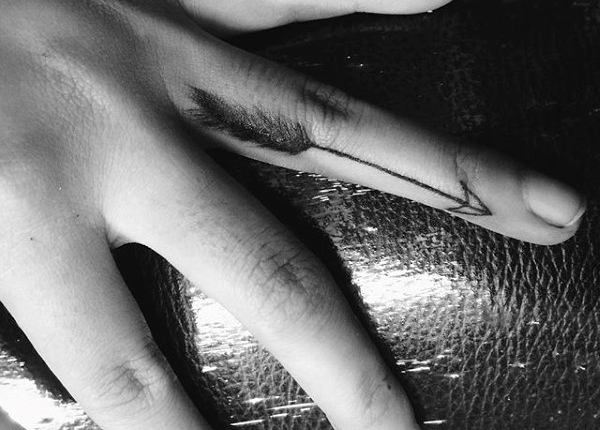 Feather Arrow Tattoo On Side Finger