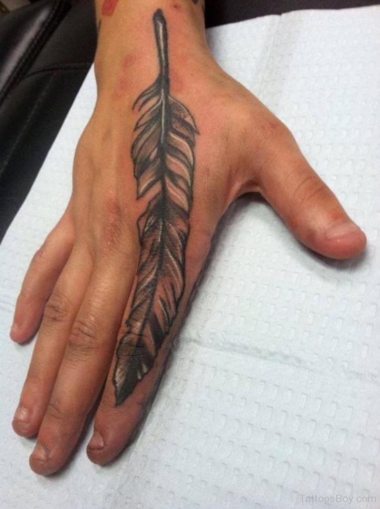 Feather Tattoo On Finger And Right Hand