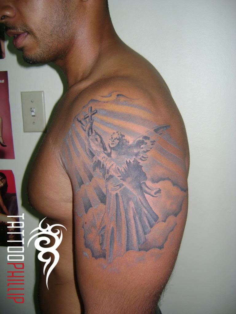 Fine Left Shoulder Religious Angel Tattoo For Men