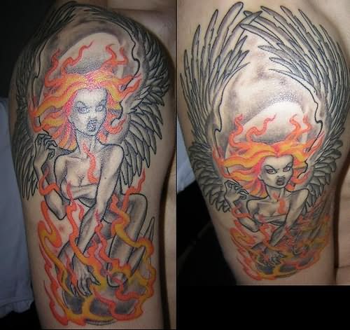 Fire Angel Girl Tattoo On Man Shoulder And Half Sleeve
