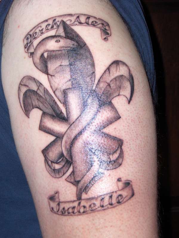 Fleur De Lis And Ambulance Symbol Tattoo On Shoulder