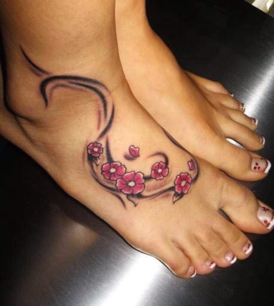 Floating Flowers Tattoo On Foot For Girls
