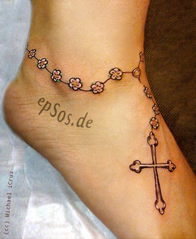 Floral Cross Ankle Bracelet Tattoo For Women