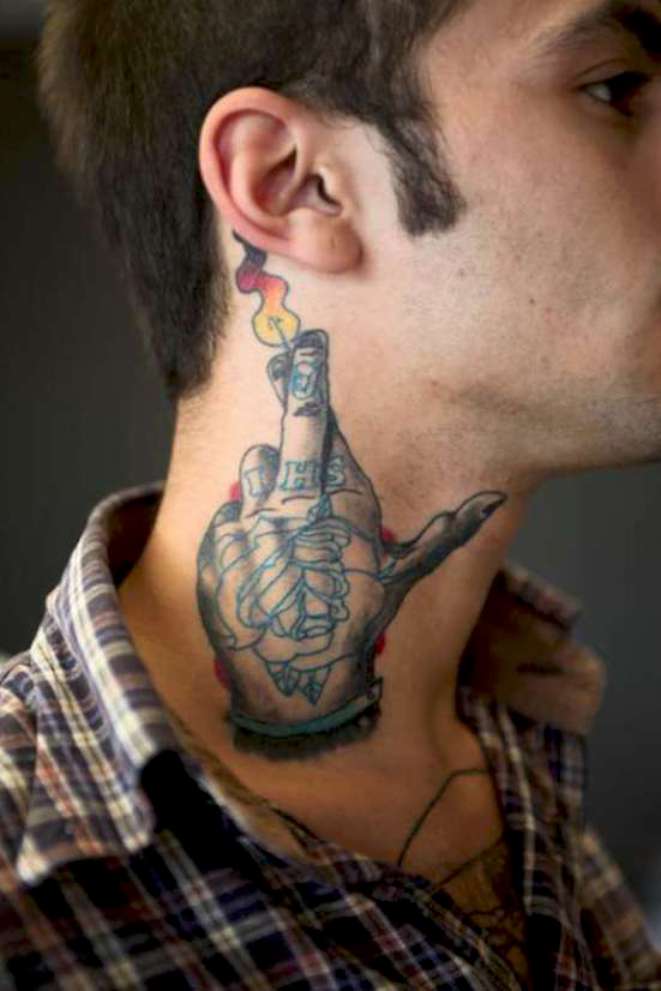 Floral Hand Tattoo On Side Neck For Men