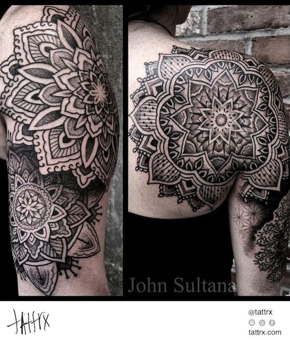 Floral Mandala Half Sleeve And Shoulder Tattoo