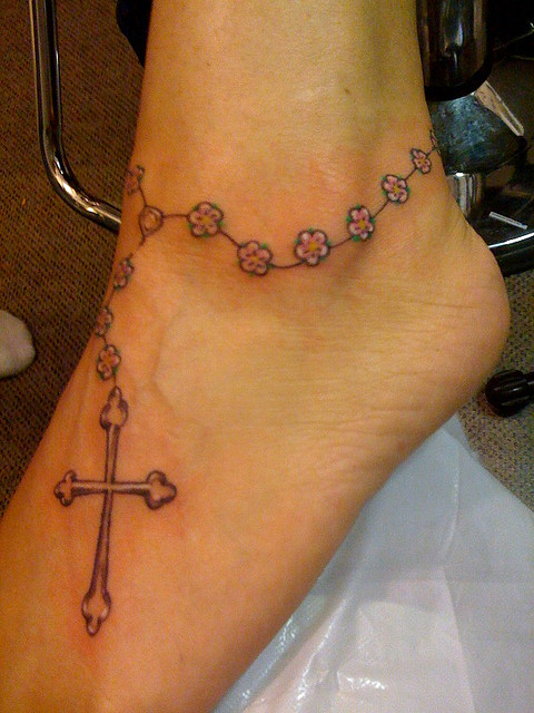 Floral Rosary Tattoo On Foot