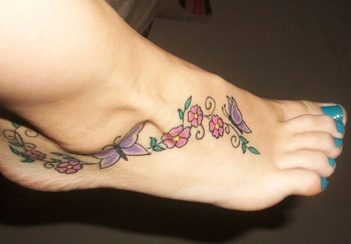 Flowers And Butterflies Girl Foot Tattoo