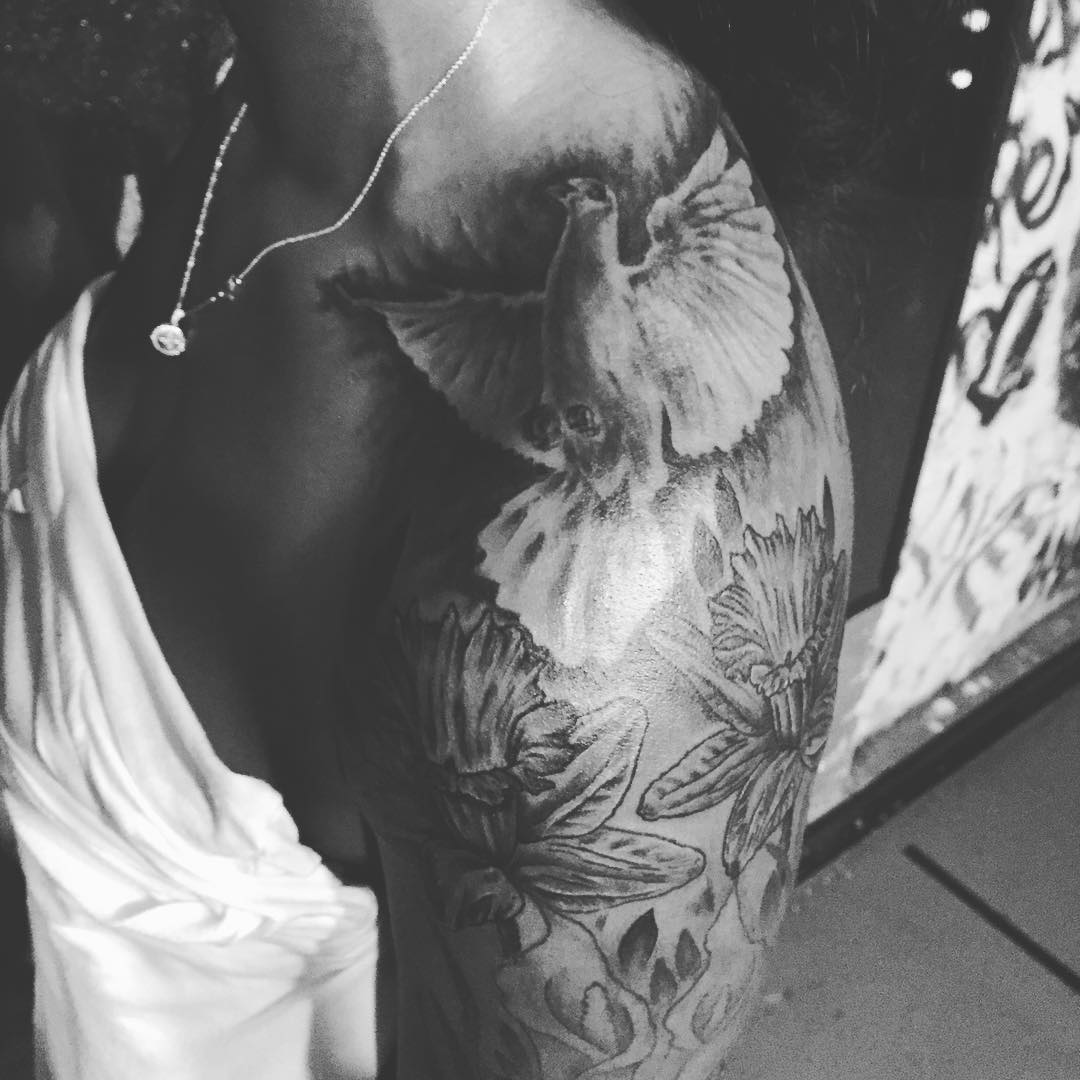 Flowers And Dove Tattoo On Shoulder