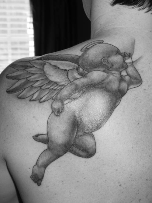 Flying Baby Angel Tattoo On Man Back Shoulder