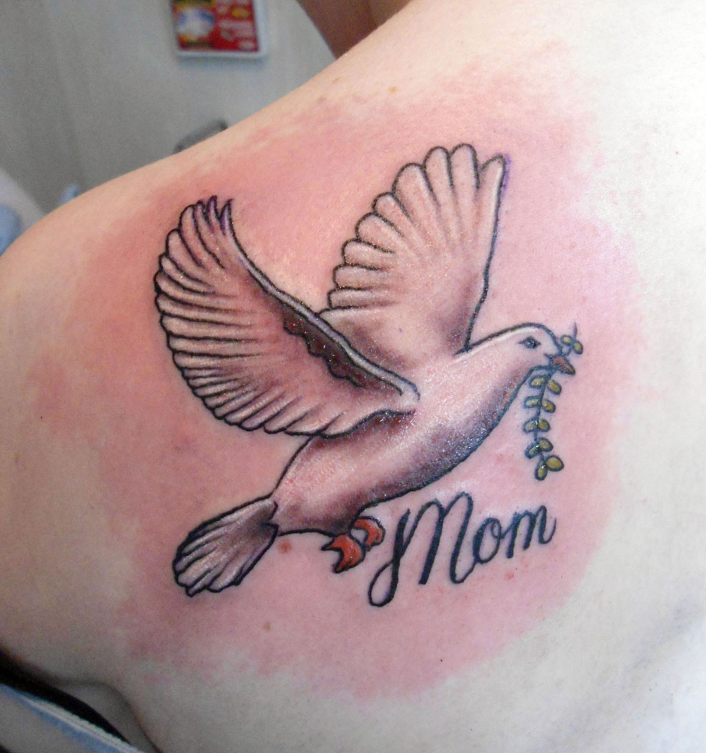 Flying Dove And Mom Tattoo On Left Back Shoulder