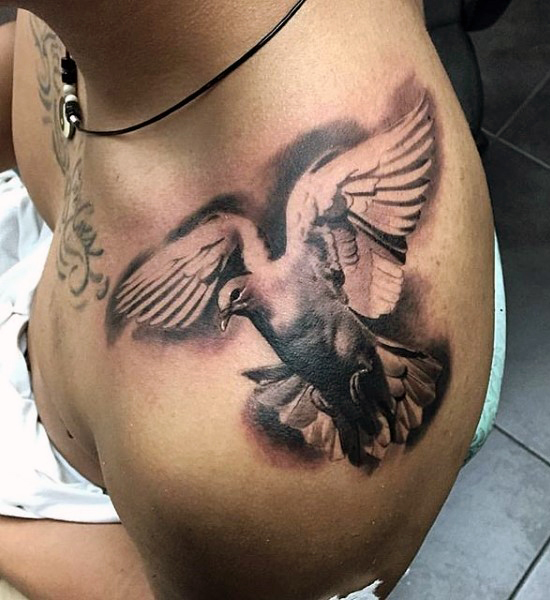 Flying Realistic Dove Tattoo On Front Shoulder