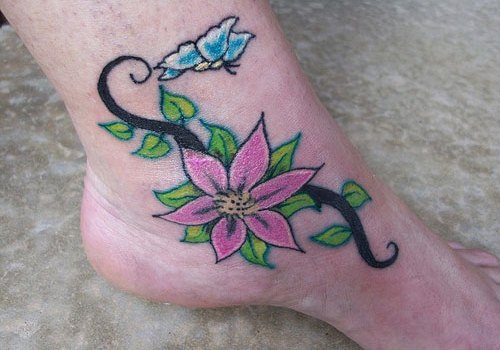Foot Butterfly And Flower Tattoo For Women