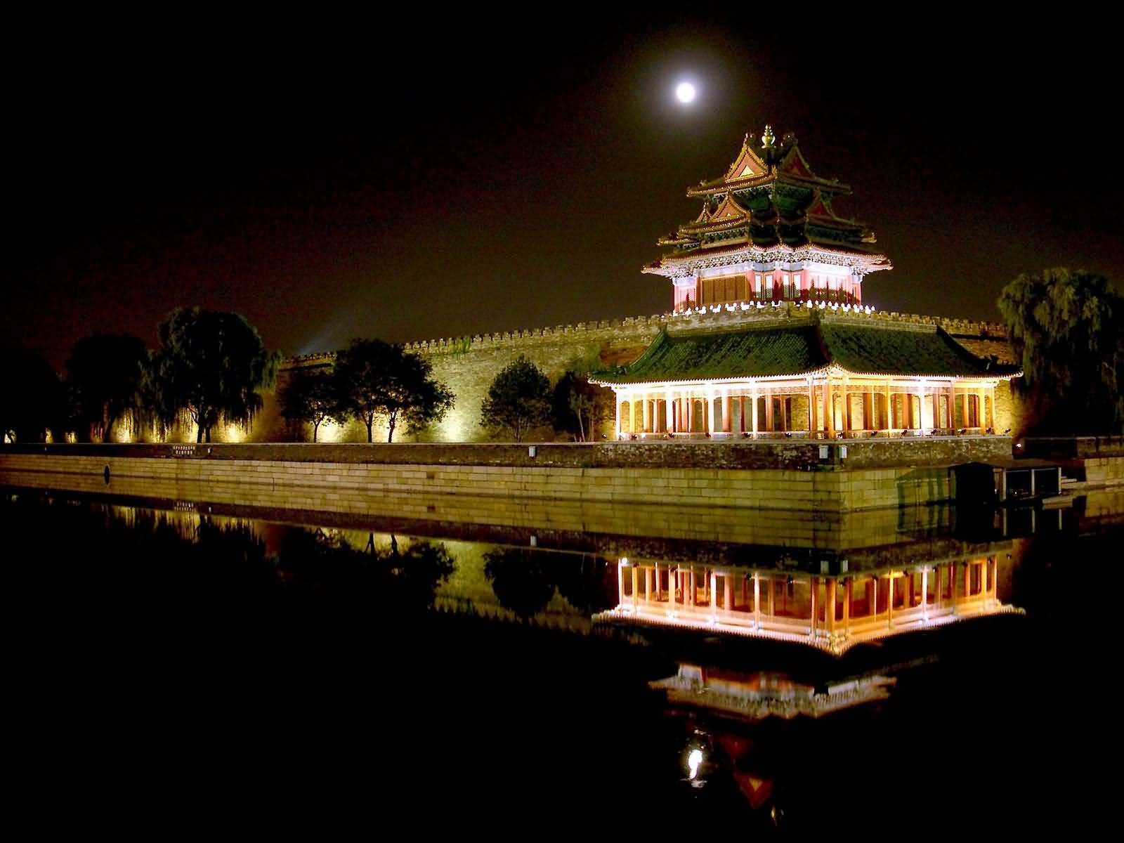 Forbidden City With Full Moon At Night