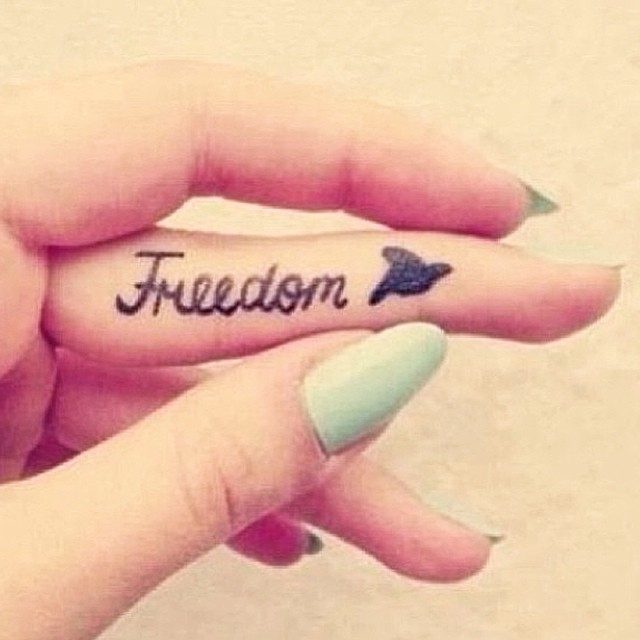 Freedom Word Girly Finger Bird Tattoo