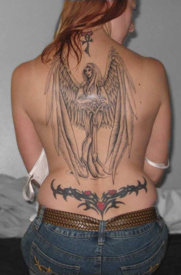 Full Back Tribal Guardian Angel Tattoo