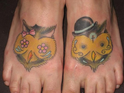 Funny Owls Face Both Feet Tattoo