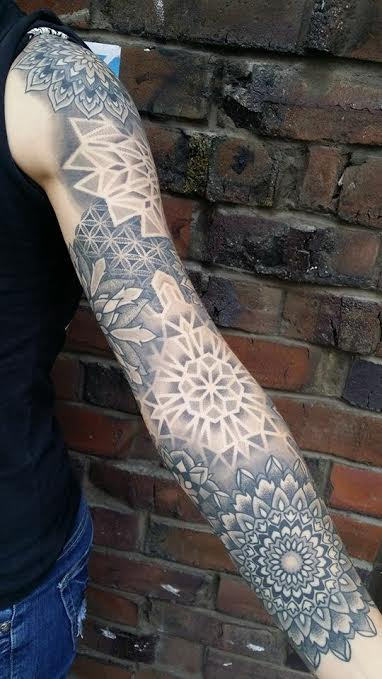Geometric Mandala Full Sleeve Dotwork Tattoo
