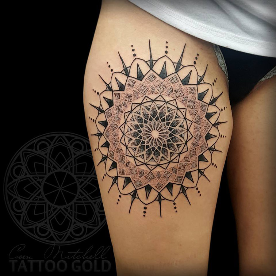 Geometric Mandala Tattoo On Right Thigh