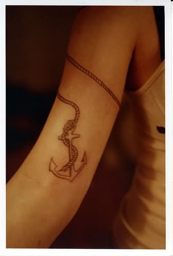 Girl Right Bicep Anchor And Rope Tattoo