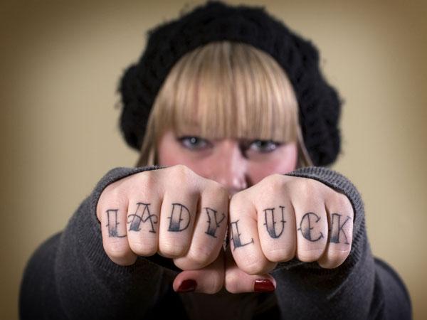 Girly Fingers Lady Luck Words Tattoo