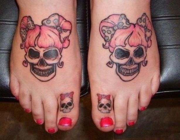 Girly Skull Both Big Toes Tattoo