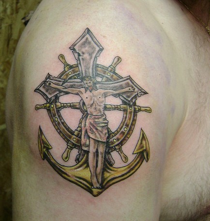 God Anchor Christian Tattoo On Right Shoulder
