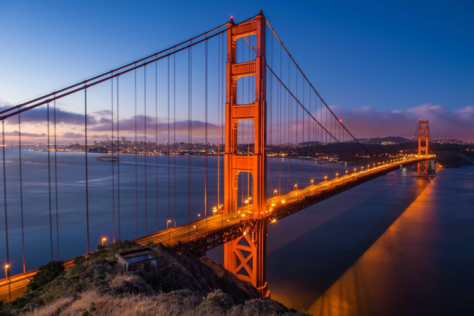 Golden Gate Bridge Lit Up During Night Picture